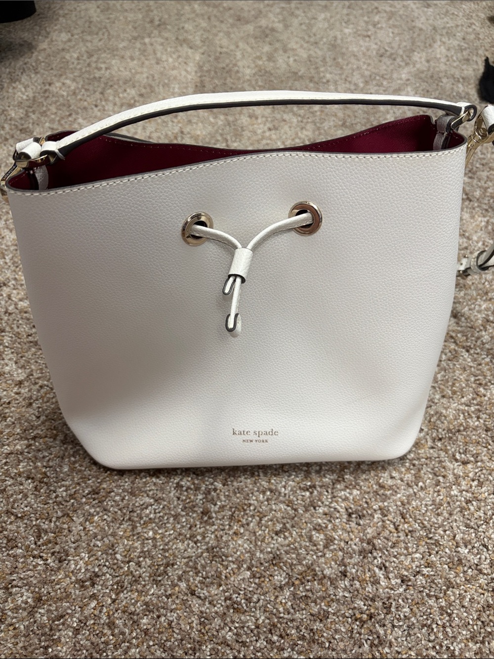 kate spade White Leather Bucket Bag with Burgundy Interior